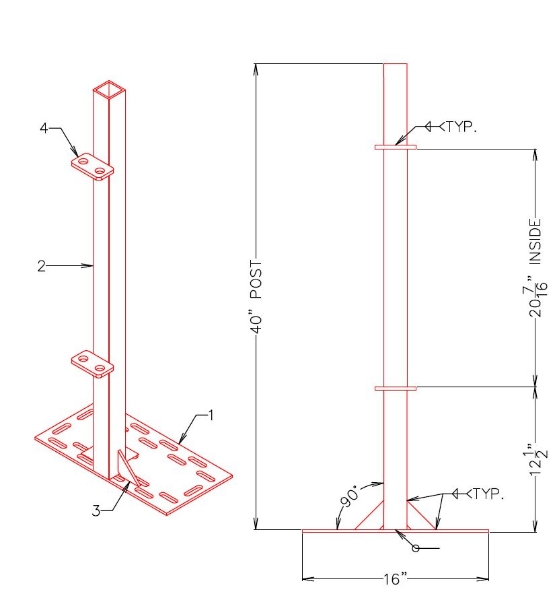 Post 40" 1 Way 8"X16" Divider Clips Gusset 16" Edge Galv