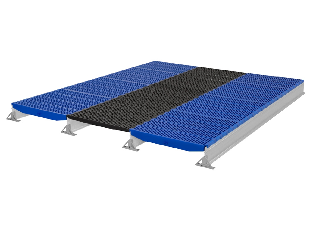 The Hog Slat plastic and cast iron combination farrowing floor provides a durable, cool surface for the sow and a warmer, plastic creep area floor for young pigs.