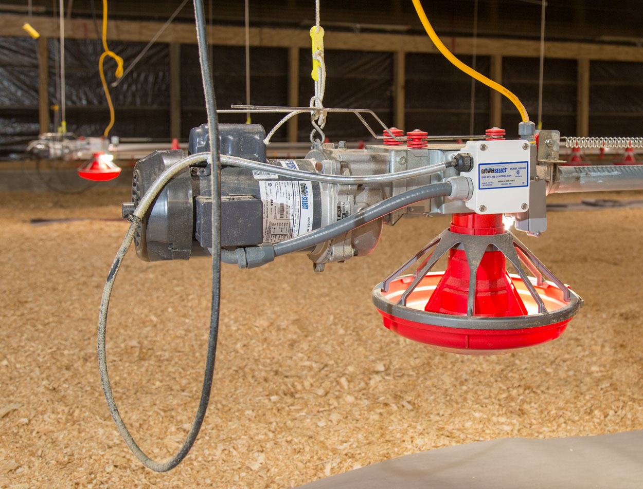 GrowerSELECT® Drive Units for poultry feed lines are available in multiple motor sizes to handle various feed system lengths. 1/2 HP (HS9021D1-P) GrowerSELECT drive unit shown installed with HS8500 End Control Pan with optional control pan light kit.