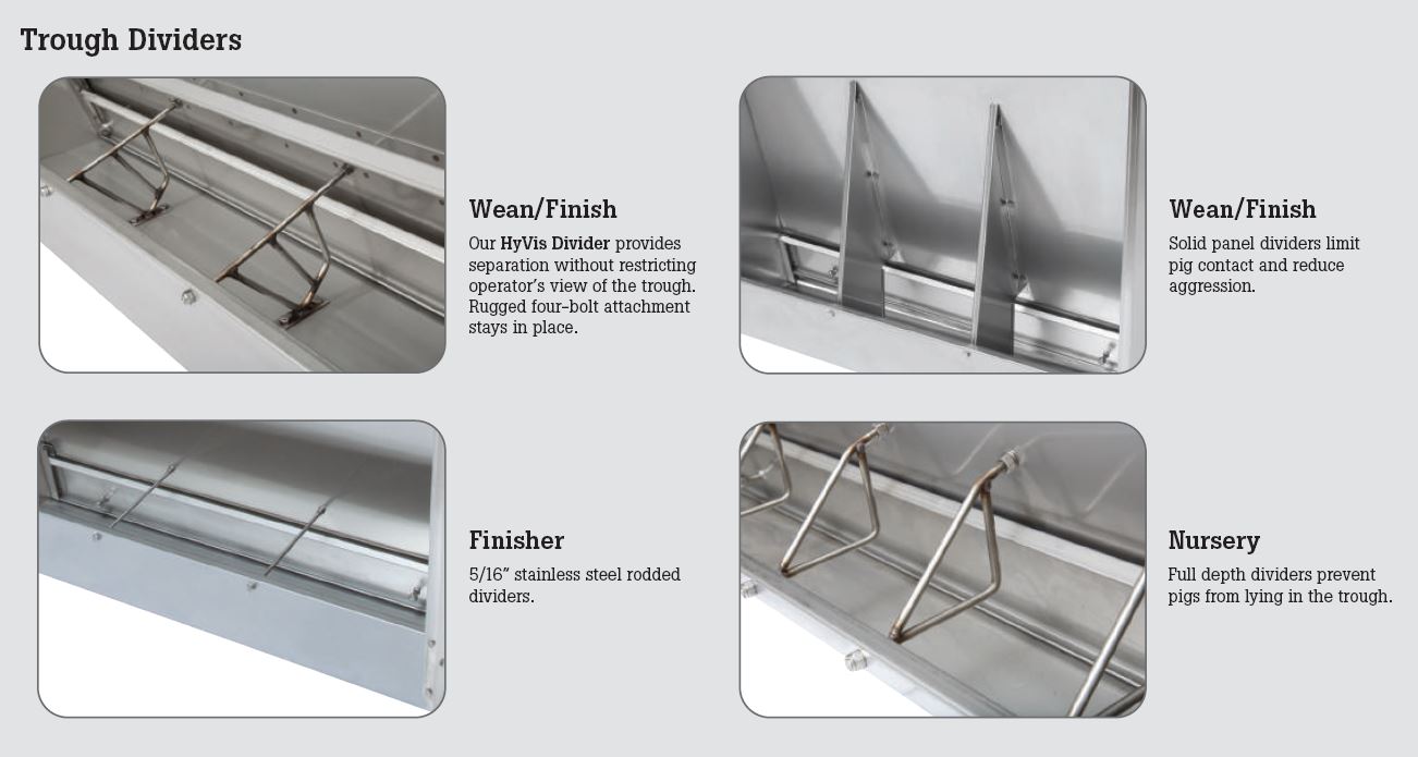 Hog Slat stainless steel pig feeder trough dividers are designed to protect pigs and reduce waste at all stages of growth while feeding.