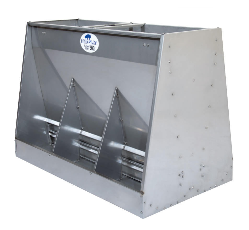 Hog Slat Magnum Series Wean-to-Finish double-sided 3-space feeder with solid panel trough dividers.
