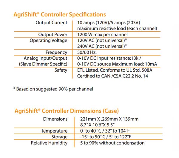 AgriShift® Master Dimmer Specifications